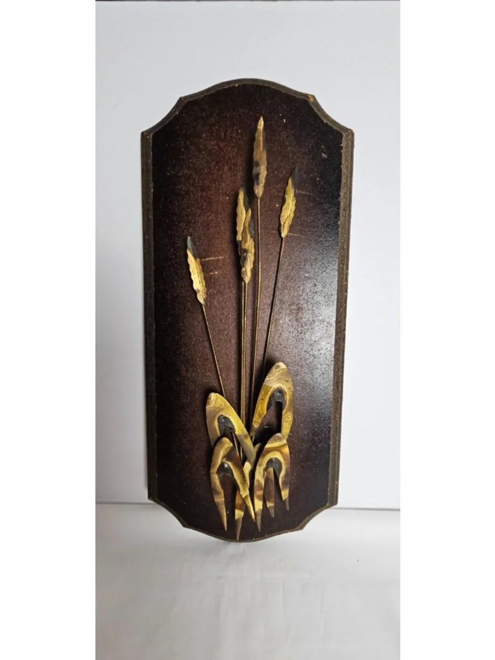 Vintage MCM Wall Plaque Brutalist Brass Sea Oats Botanical Metal Art 17.75
